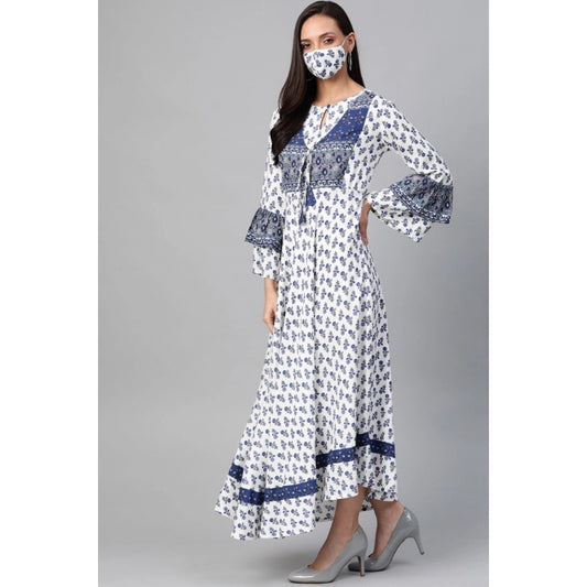 Generic Women's Casual Bell Sleeve Floral Printed Rayon Dress (White & Blue)