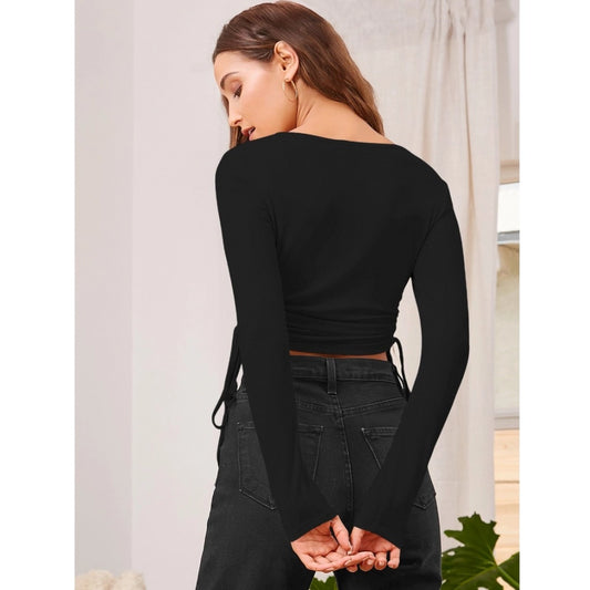 Generic Women's Polyester Solid Round Neck Full Sleeve Top (Black)