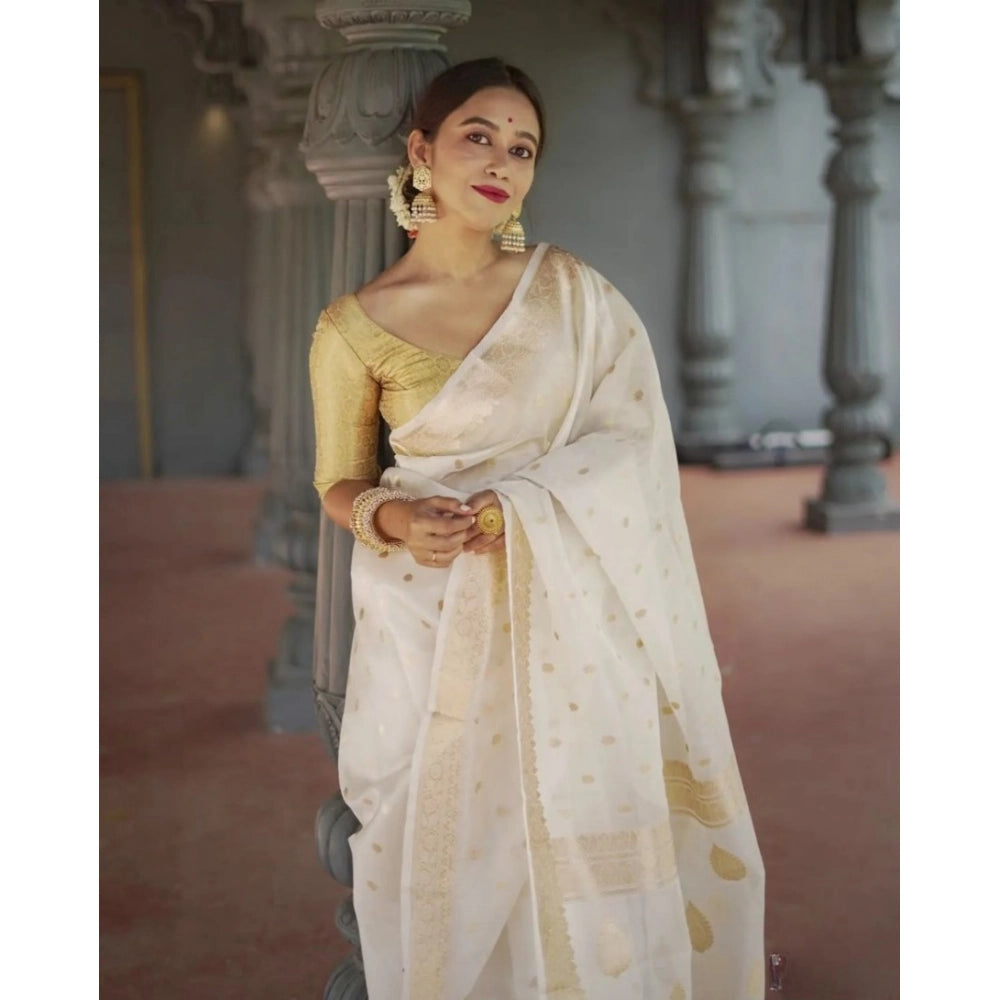 Generic Women's Cotton Printed Saree With Unstitched Blouse 5.5Mtr (White)