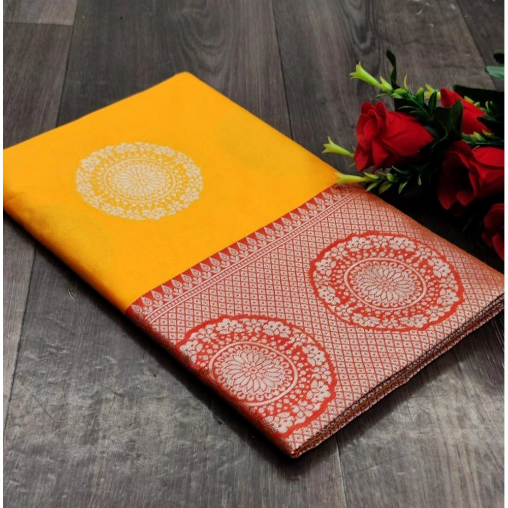 Generic Women's Soft Lichi Silk Printed Saree With Unstitched Blouse 5.5Mtr (Yellow)