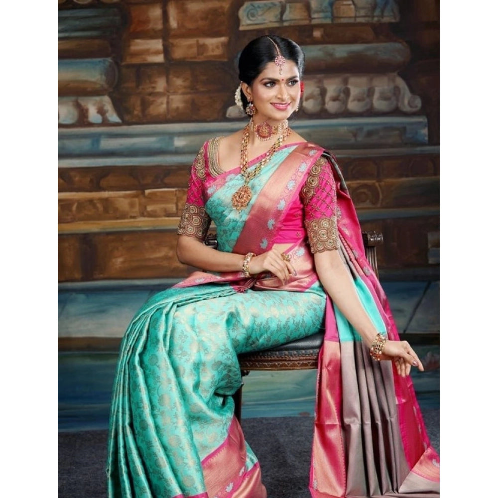 Generic Women's Litchi silk Printed Saree With Unstitched Blouse (Turquise Blue)