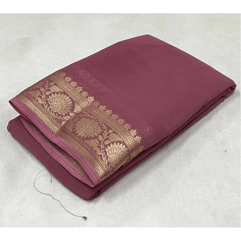 Generic Women's Crepe Chit Pallu Solid Saree With Unstitched Blouse 5.5Mtr (Peach)