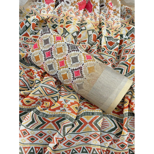 Generic Women's Linen Cotton Printed Saree With Unstitched Blouse 5.5Mtr (Cream)
