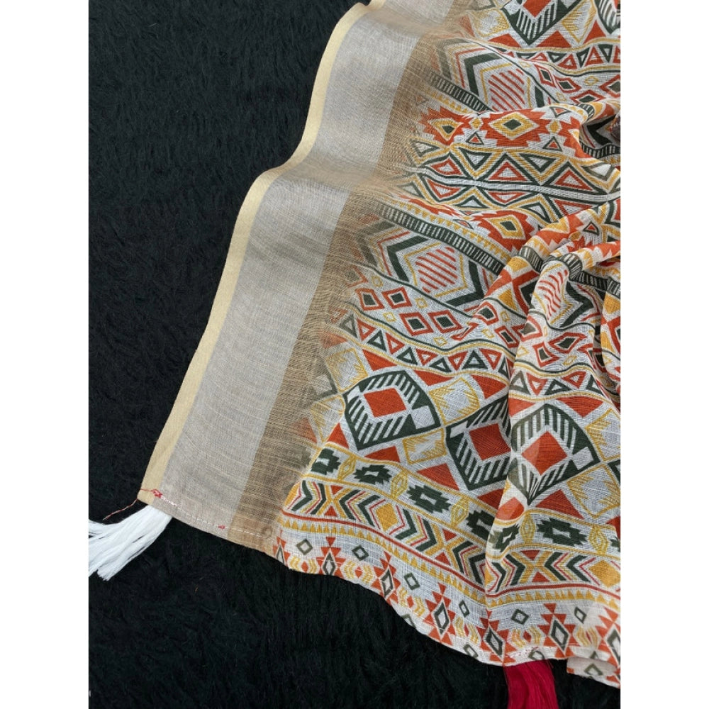 Generic Women's Linen Cotton Printed Saree With Unstitched Blouse 5.5Mtr (Cream)