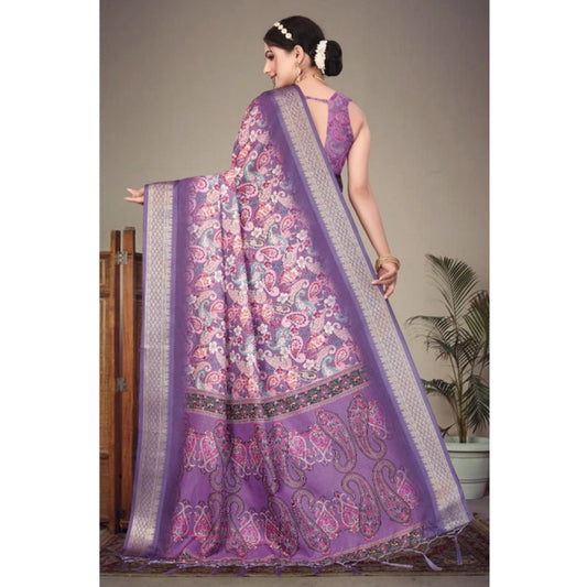 Generic Women's Cotton Silk Printed Saree With Unstitched Blouse 5.5Mtr (Purple)