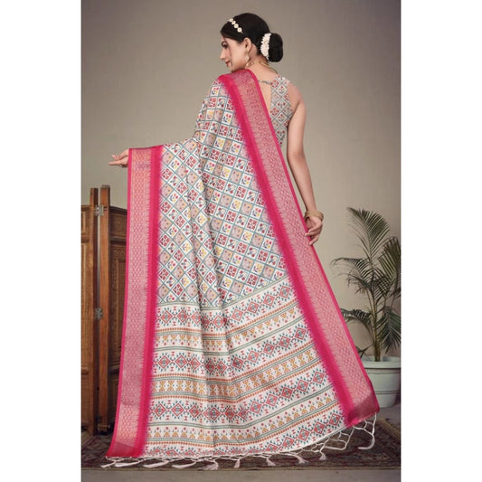 Generic Women's Cotton Silk Printed Saree With Unstitched Blouse 5.5Mtr (Pink)