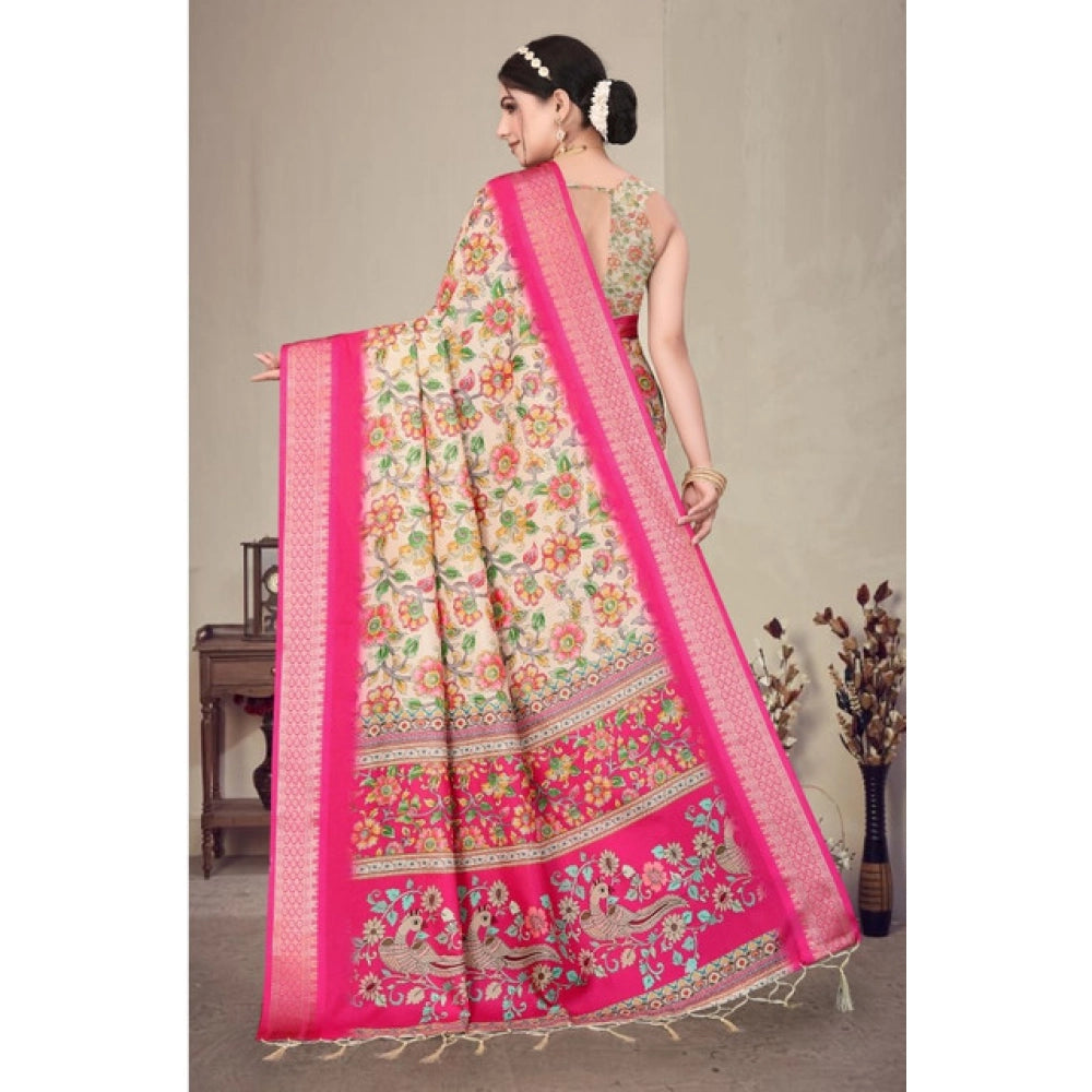 Generic Women's Cotton Silk Printed Saree With Unstitched Blouse 5.5Mtr (Pink)
