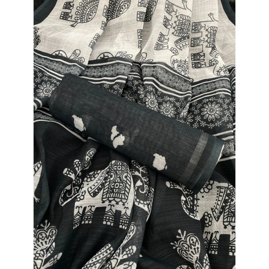 Generic Women's Linen Cotton Printed Saree With Unstitched Blouse 5.5Mtr (Black)