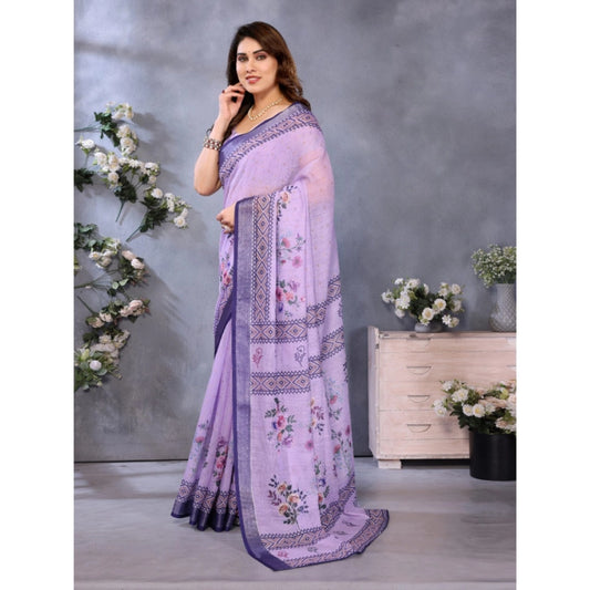Generic Women's Linen Cotton Printed Saree With Unstitched Blouse 5.5Mtr (Purple)