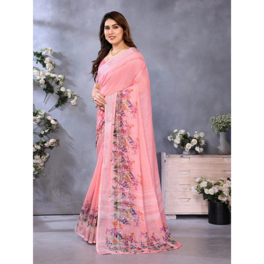 Generic Women's Linen Cotton Printed Saree With Unstitched Blouse 5.5Mtr (Peach)