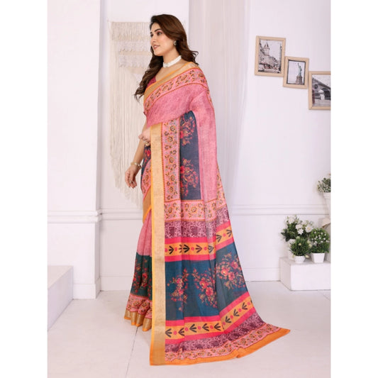 Generic Women's Linen Cotton Printed Saree With Unstitched Blouse 5.5Mtr (Pink)