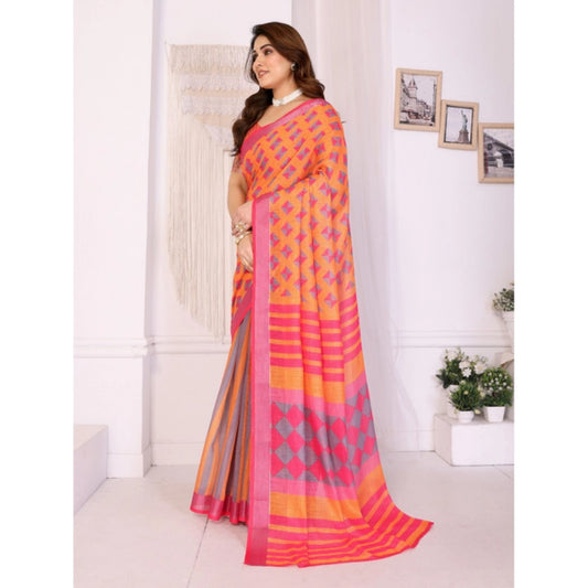 Generic Women's Linen Cotton Printed Saree With Unstitched Blouse 5.5Mtr (Orange )