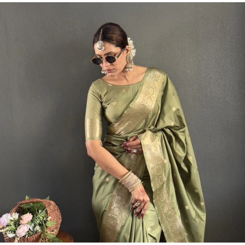 Generic Women's Satin Printed Saree With Unstitched Blouse 5.5Mtr (Green)