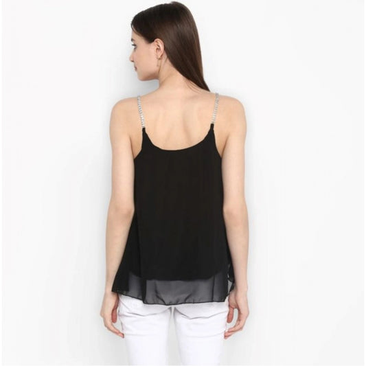 Generic Women's Polyester Embellished Shoulder Straps Top (Black)