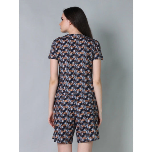 Generic Women's Cotton Blended Printed Round Neck Half Sleeve Top - Shorts Set (Blue-Brown)