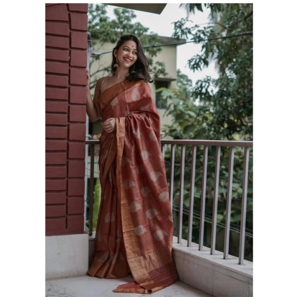 Generic Women's Silk Printed Saree With Unstitched Blouse 5.5Mtr (Maroon)