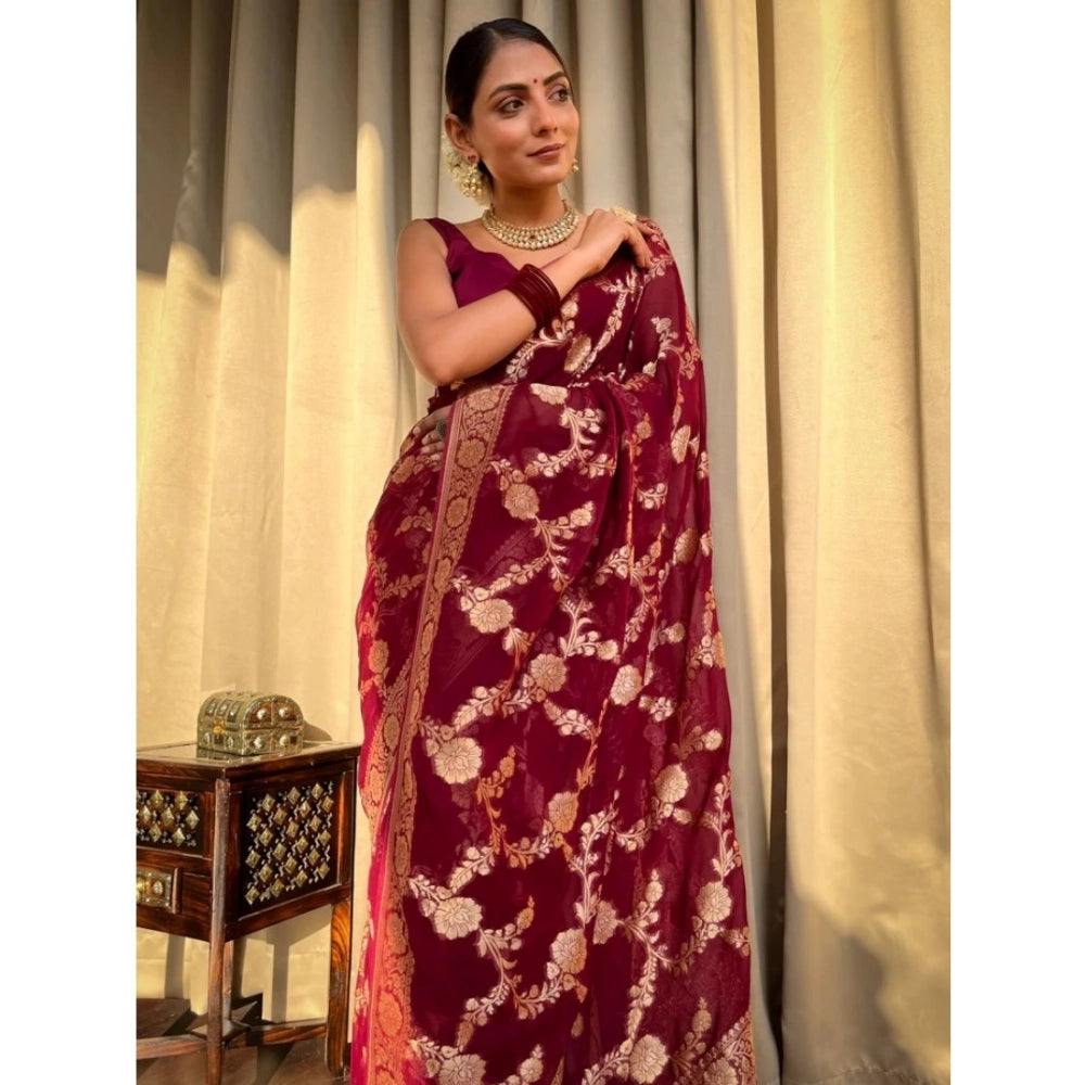 Generic Women's Silk Printed Saree With Unstitched Blouse 5.5Mtr (Maroon)