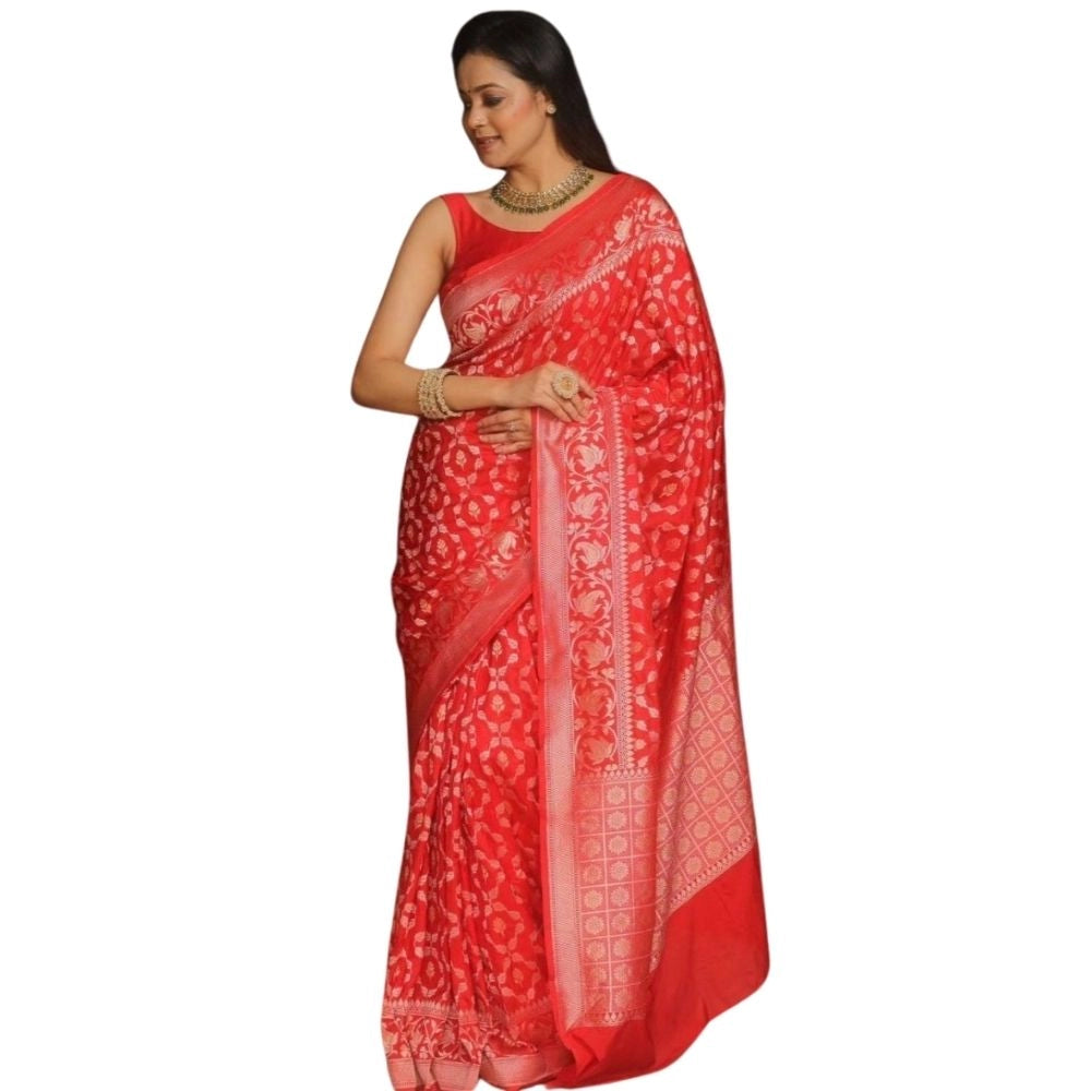 Generic Women's Silk Printed Saree With Unstitched Blouse 5.5Mtr (Orange)