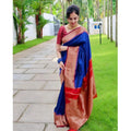 Generic Women's Soft Lichi Silk Solid Saree With Unstitched Blouse 5.5Mtr (Blue)