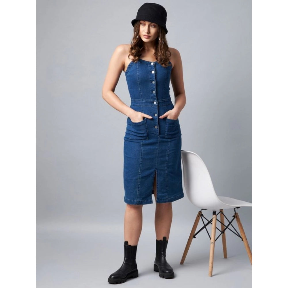 Generic Women's Denim Lycra Solid Square Neck Shoulder Straps Dress (Blue)