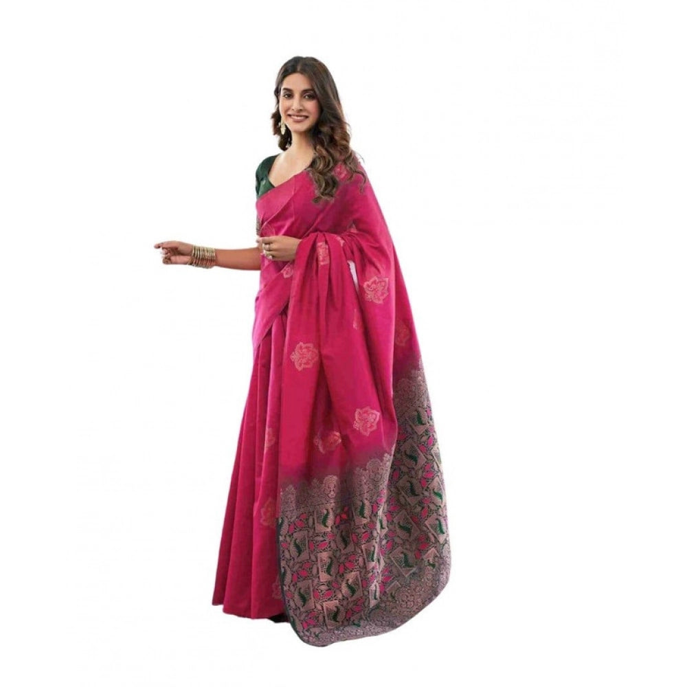 Generic Women's Soft Lichi Silk Printed Saree With Unstitched Blouse 5.5Mtr (Pink)