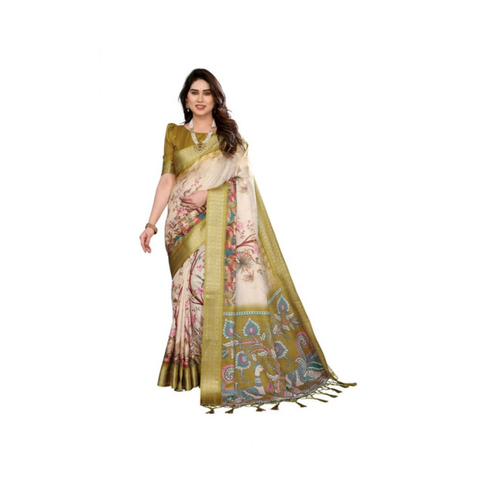 Generic Women's Cotton Silk  Printed Saree With Unstitched Blouse 5.5Mtr (Olive Green)