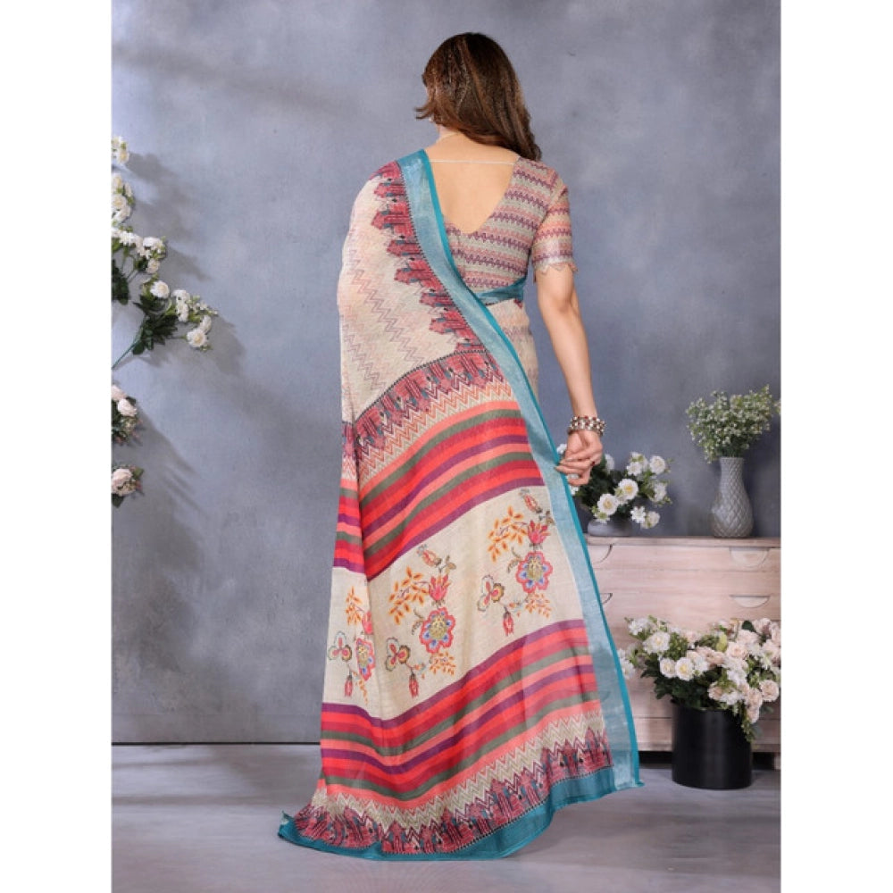 Generic Women's Linen Cotton  Printed Saree With Unstitched Blouse 5.5Mtr (Cream)