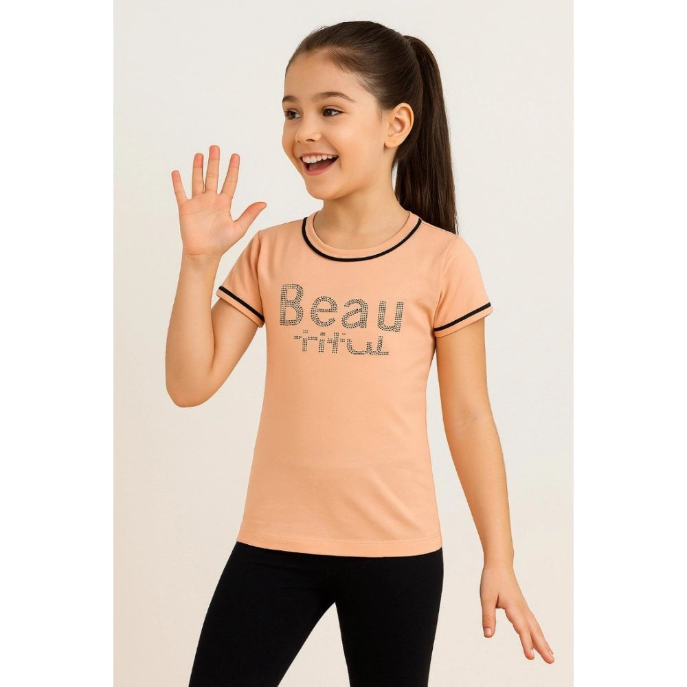 Generic Girl's Cotton Printeded Round Neck T-Shirt (Sandal Beach)