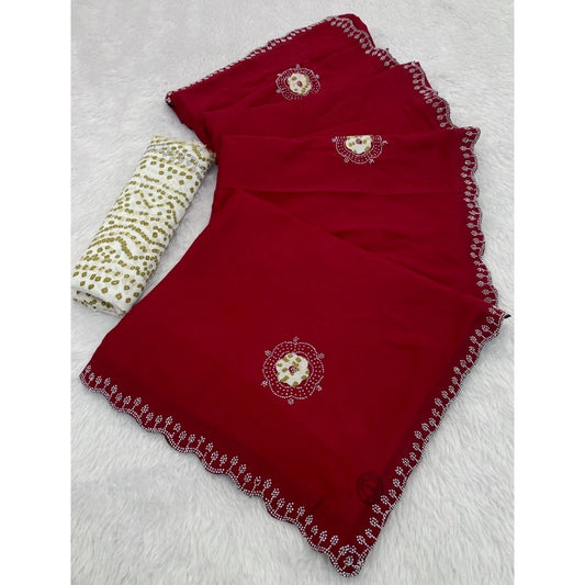 Generic Women's Chiffon Butti Dotted Saree With Unstitched Blouse 5.5Mtr (Red)