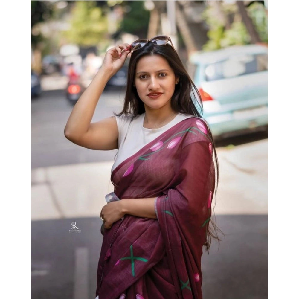 Generic Women's Linen Printed Saree With Unstitched Blouse 5.5Mtr (Brown)