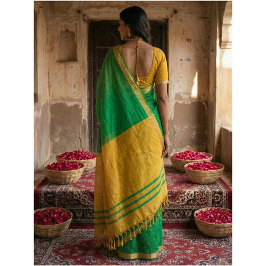Generic Women's Cotton Printed Saree With Unstitched Blouse 5.5Mtr (Green)