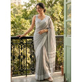Generic Women's Linen Striped Saree With Unstitched Blouse 5.5Mtr (Gray)