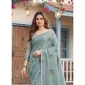 Generic Women's Linen Embroidered Saree With Unstitched Blouse 5.5Mtr (Sea Green)