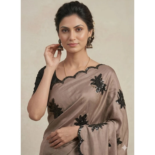 Generic Women's Viscose Silk Embroidered Saree With Unstitched Blouse 5.5Mtr (Beige)