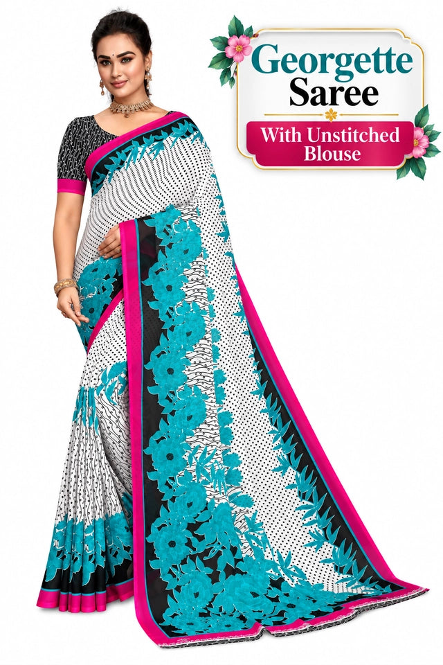 Kanooda Prints Women's Fancy Georgette Printed Saree_1278_White_Blue