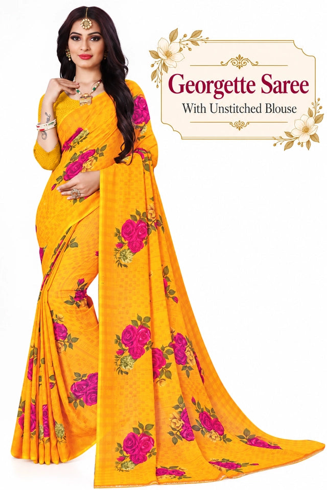 Chic Floral Georgette Saree with Smooth Texture and Alluring Fall Ideal for Festive, Office, and Evening Wear Looks